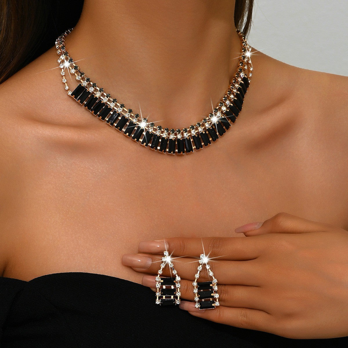 Black Ladder Crystal Necklace & Earring Set