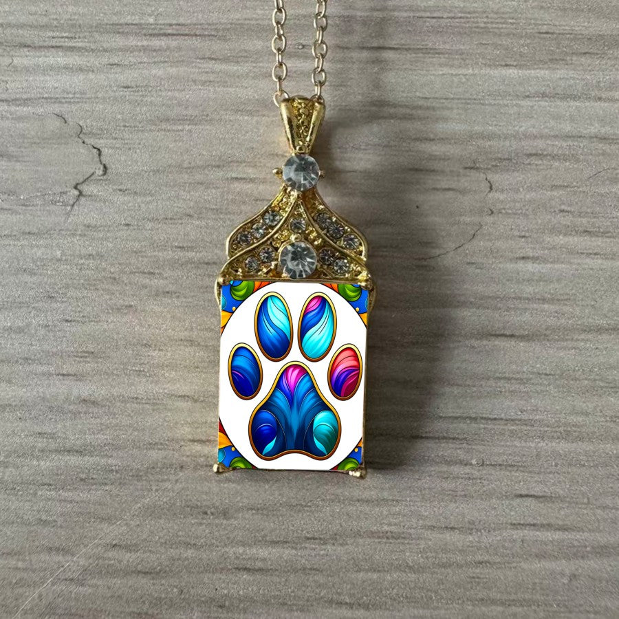 Ornate Glass Paw Print Pendant Necklace