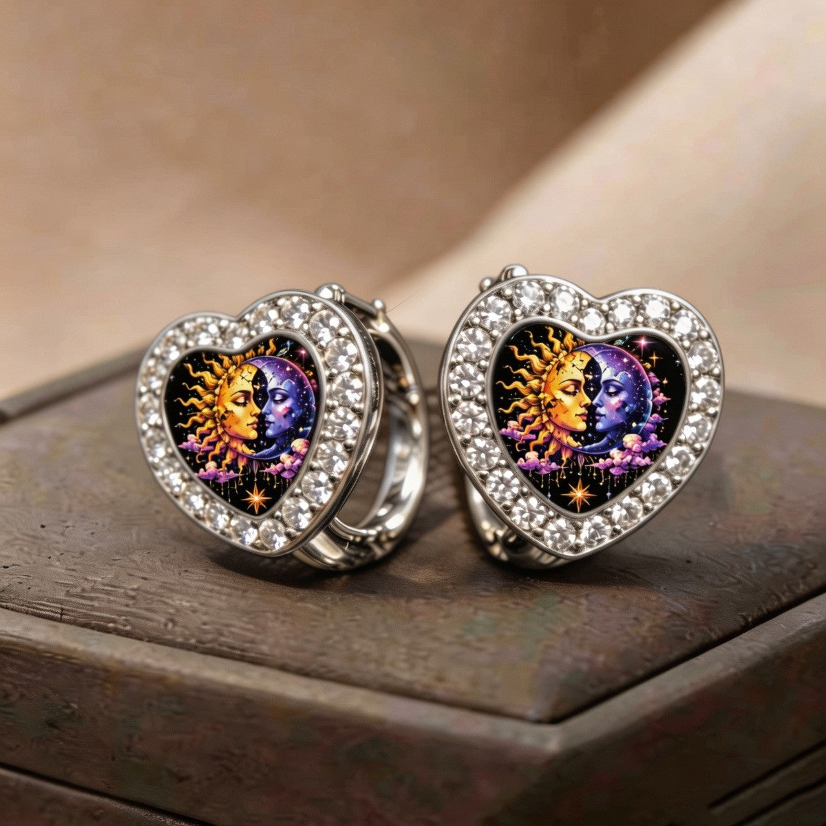 Celestial Sun & Moon Heart Huggie Earrings