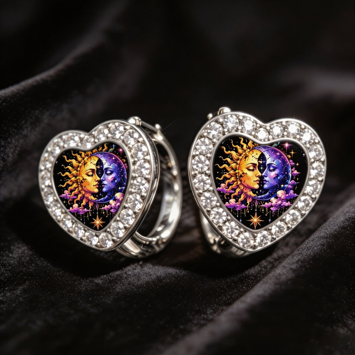 Celestial Sun & Moon Heart Huggie Earrings