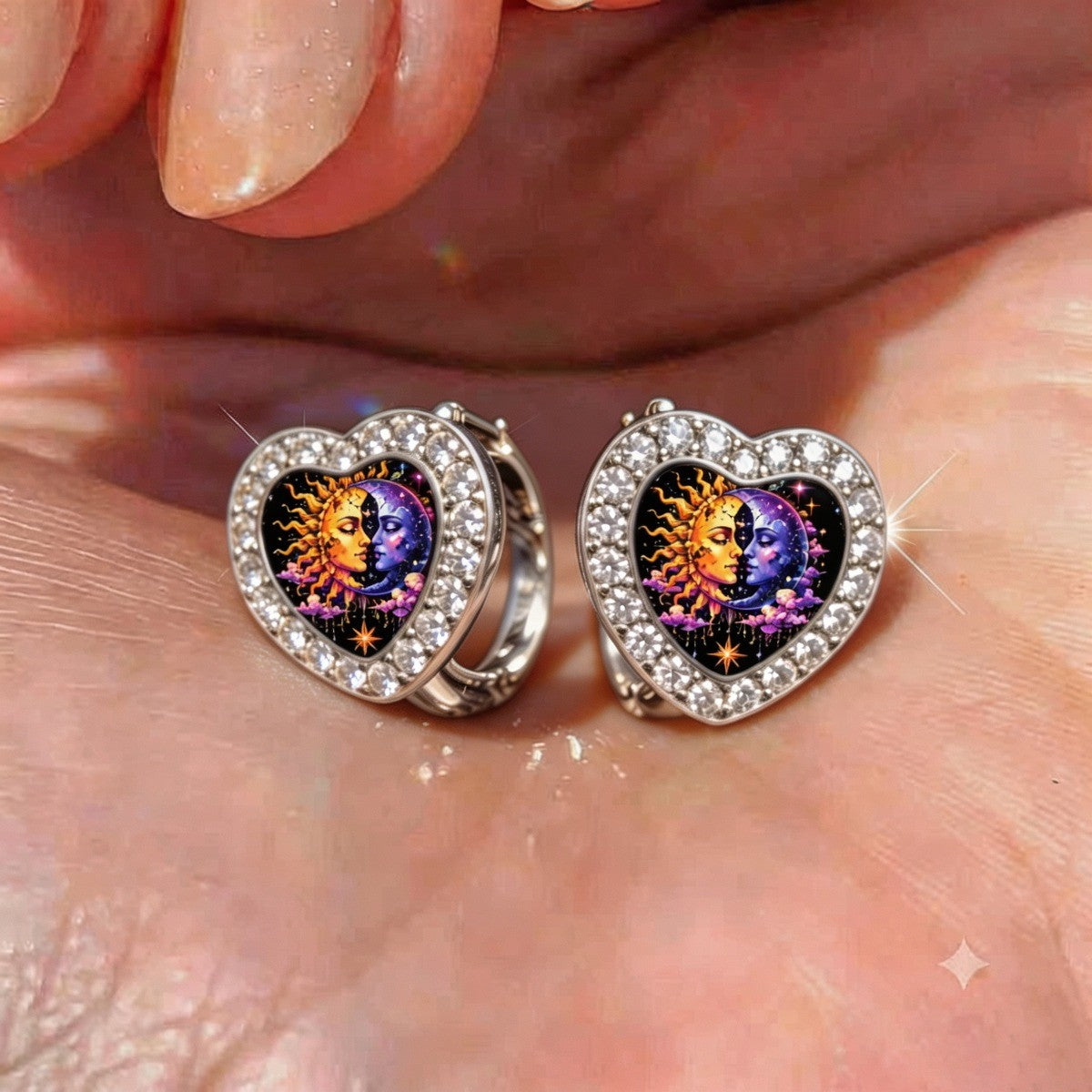 Celestial Sun & Moon Heart Huggie Earrings