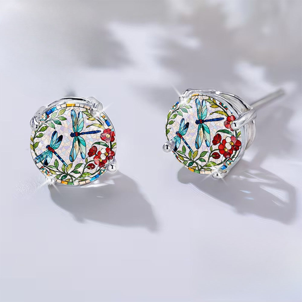 Dragonfly Mosaic Glass Dome Stud Earrings