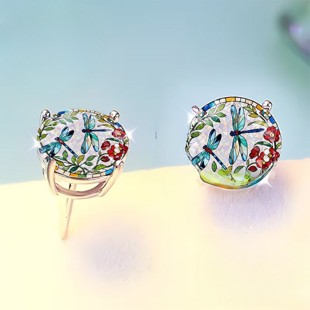 Dragonfly Mosaic Glass Dome Stud Earrings