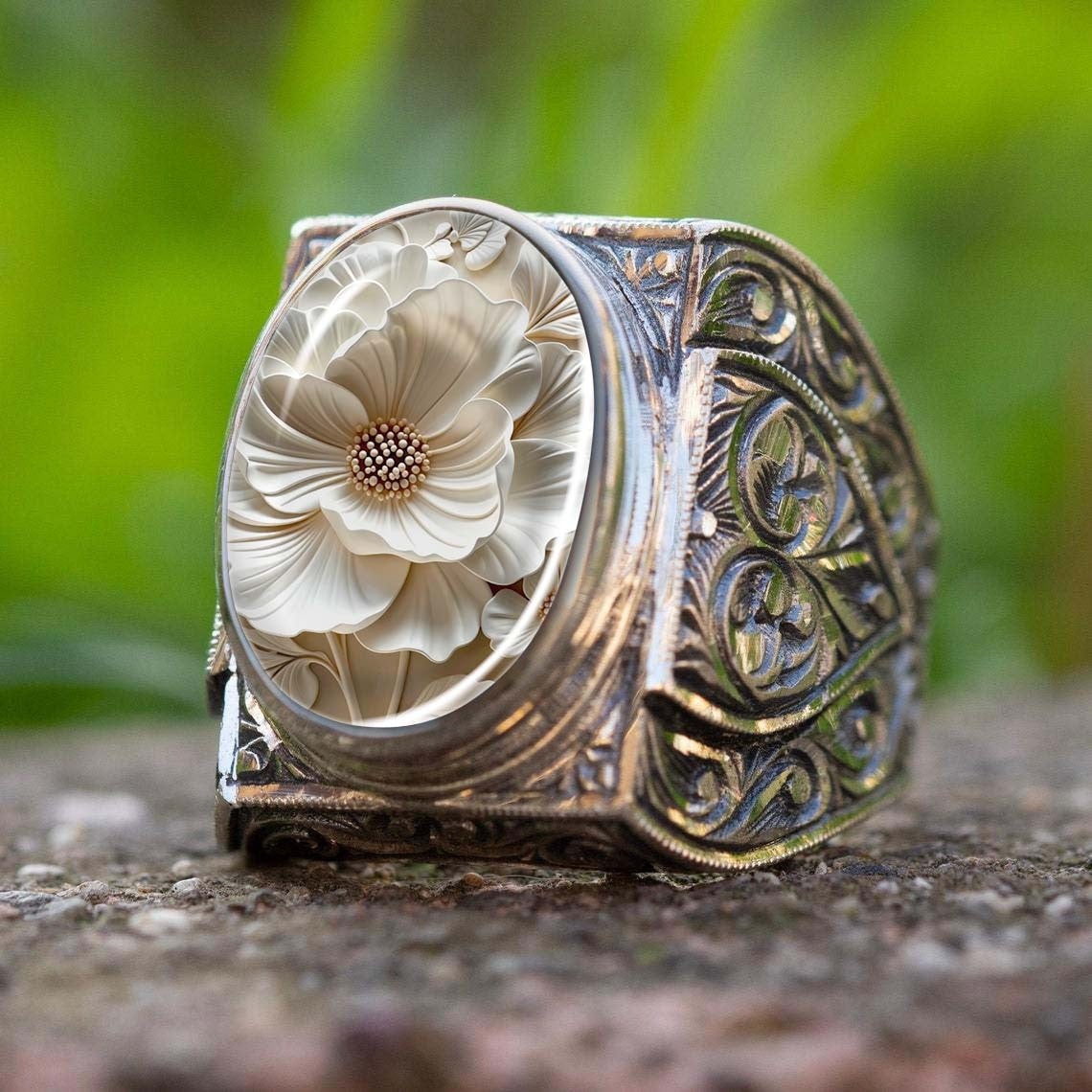 White Floral Cameo Statement Ring