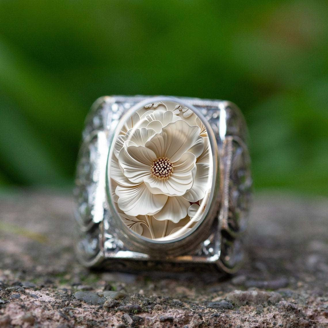 White Floral Cameo Statement Ring