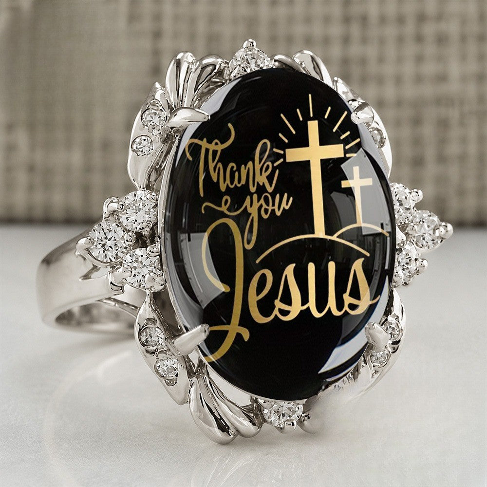 Black Oval Thank You Jesus Ring