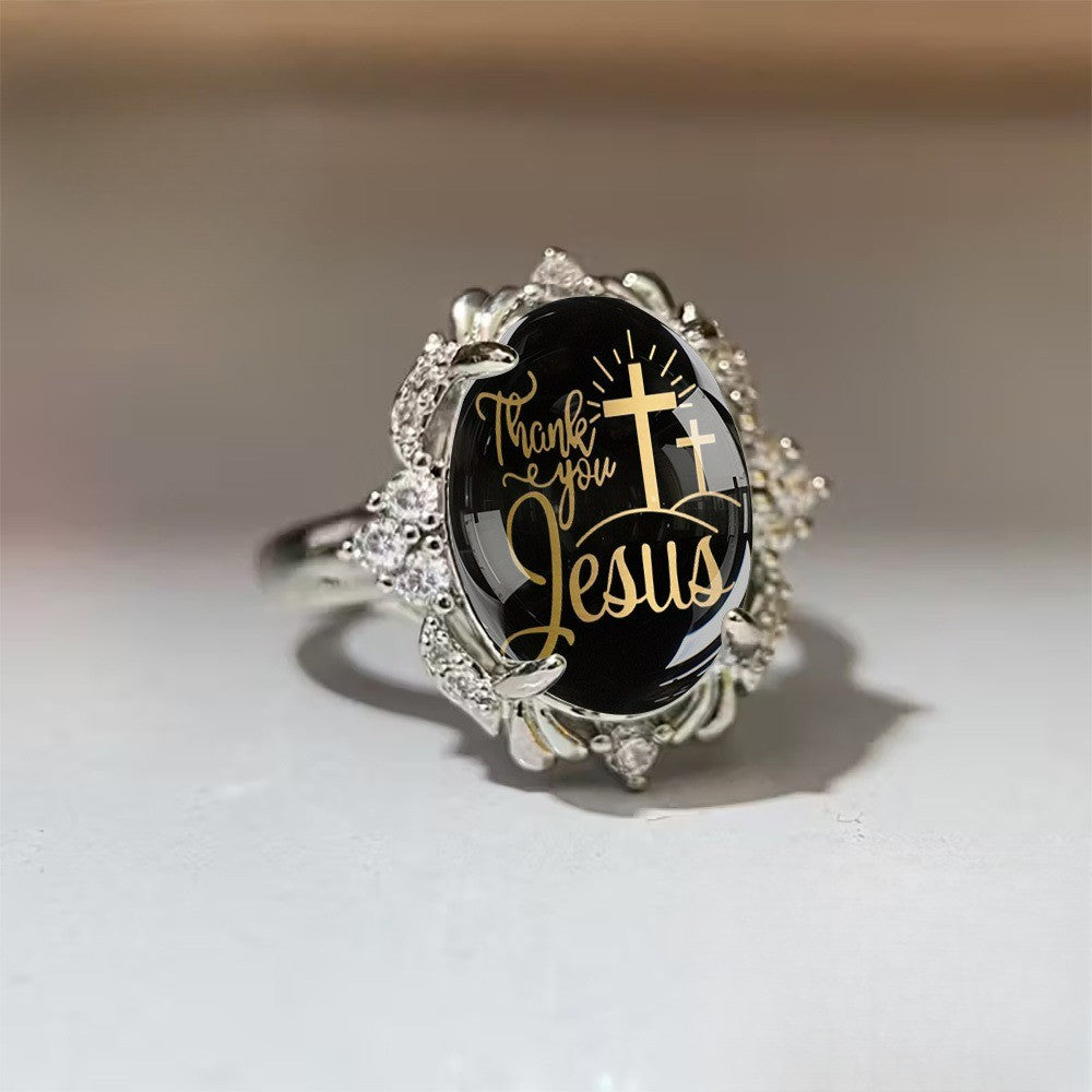 Black Oval Thank You Jesus Ring