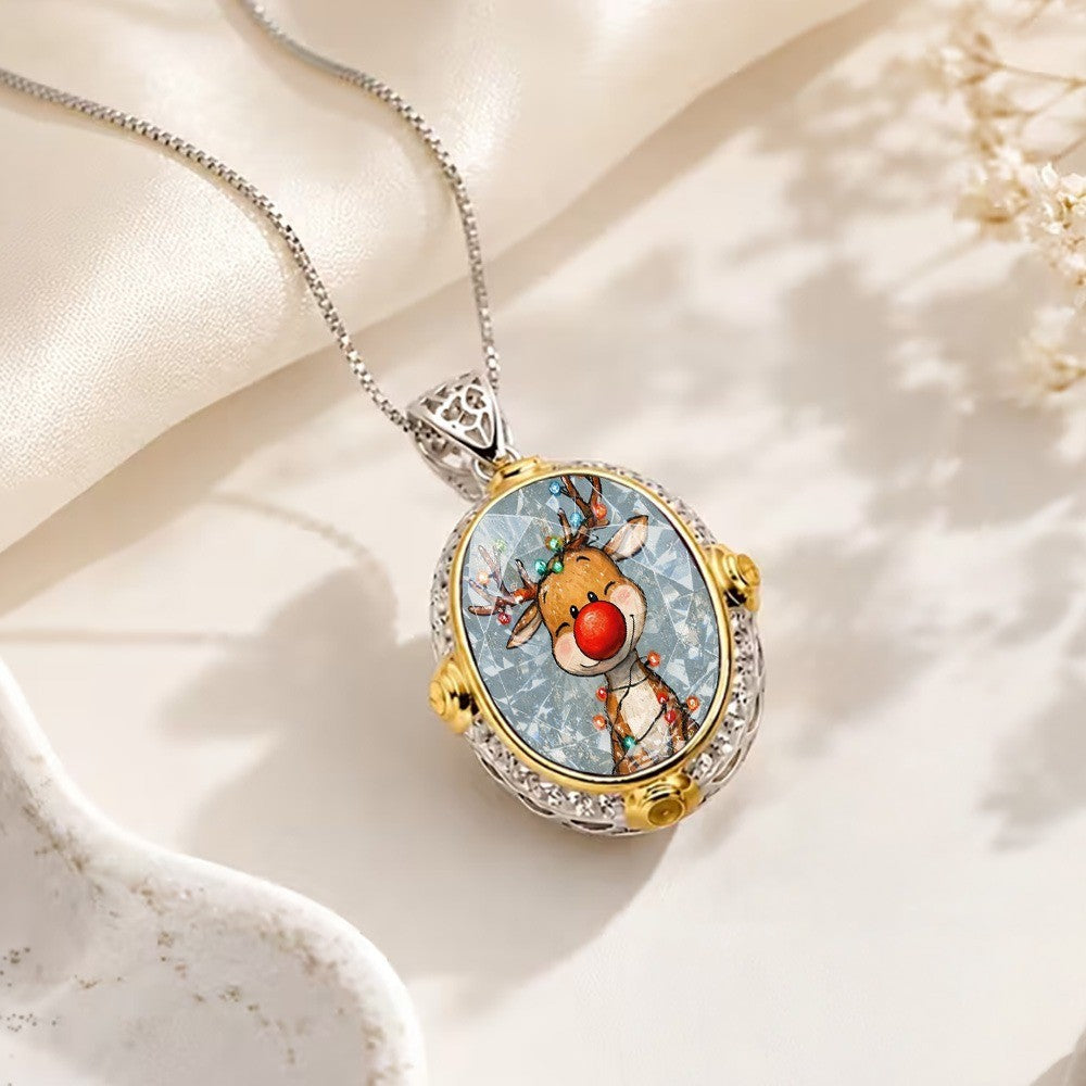 Reindeer Oval Pendant Necklace