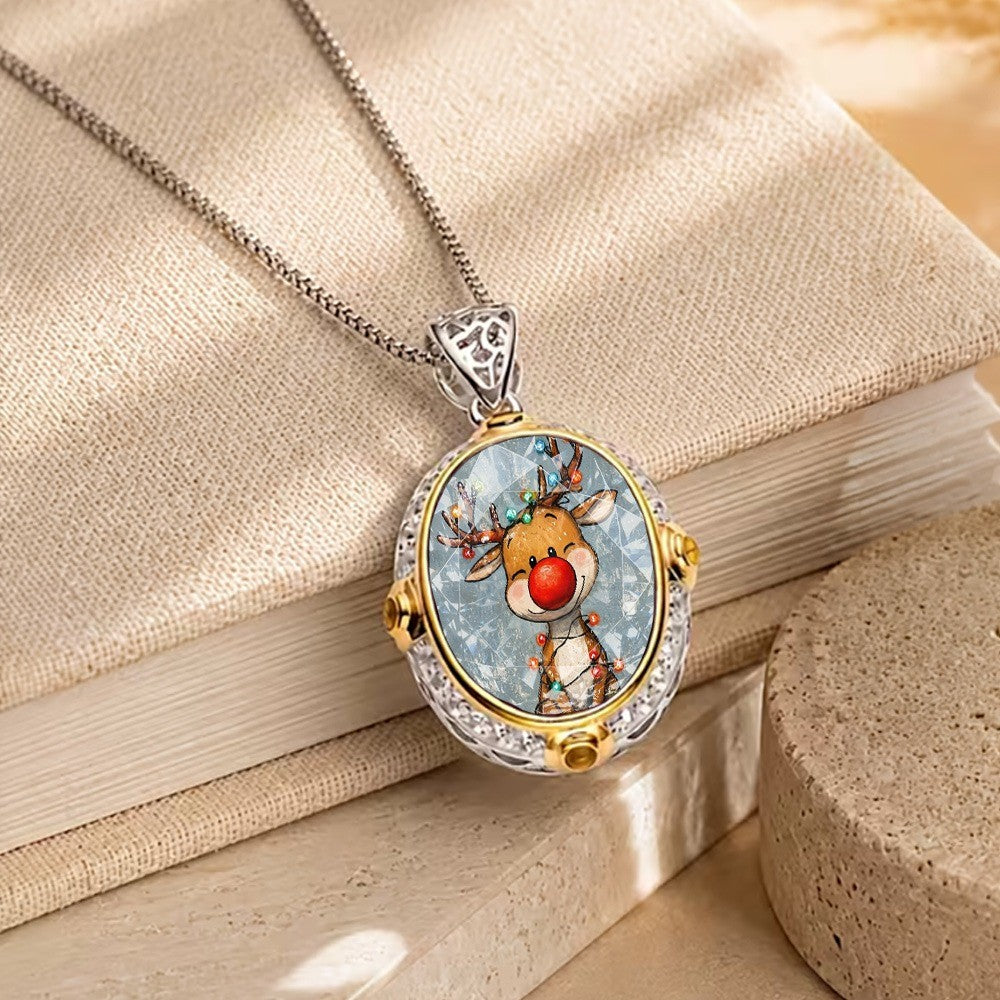 Reindeer Oval Pendant Necklace