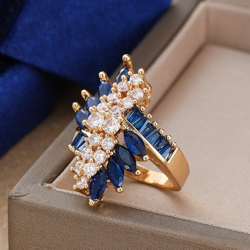 Blue Crystal Flower Statement Ring