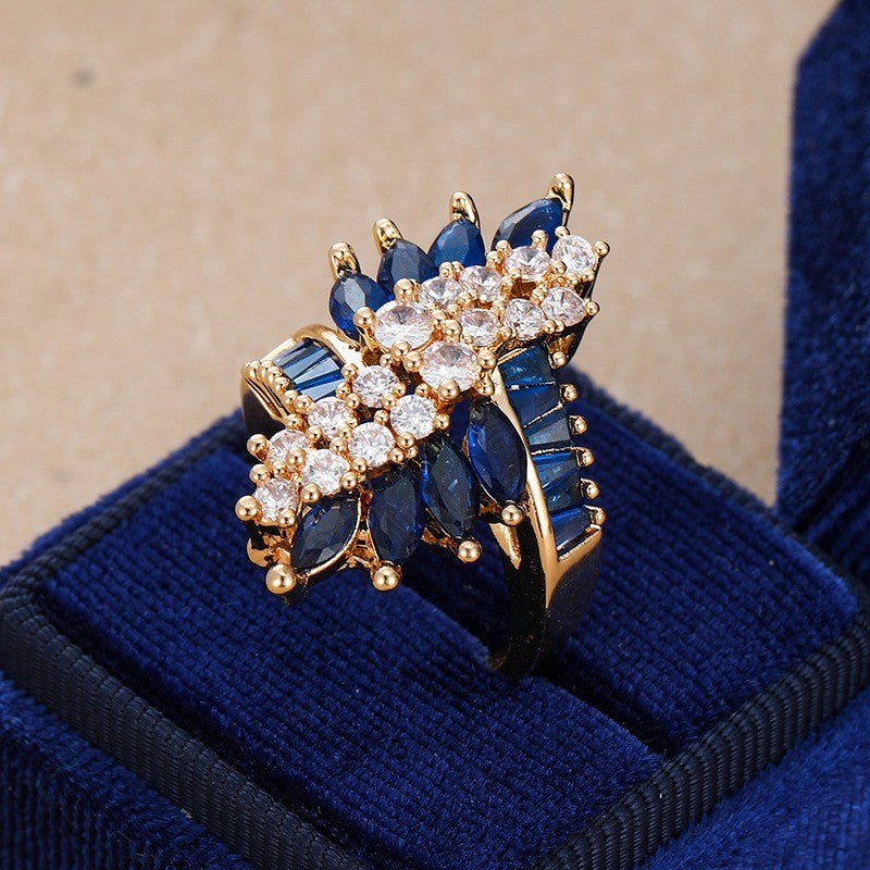 Blue Crystal Flower Statement Ring