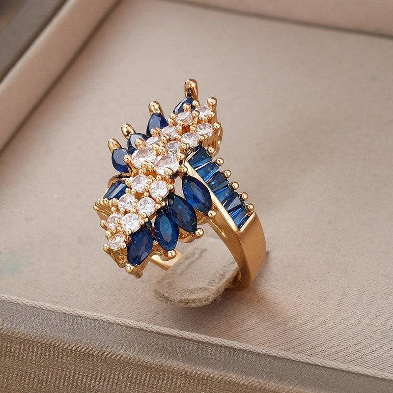 Blue Crystal Flower Statement Ring