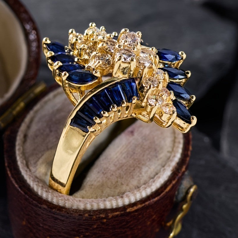 Blue Crystal Flower Statement Ring