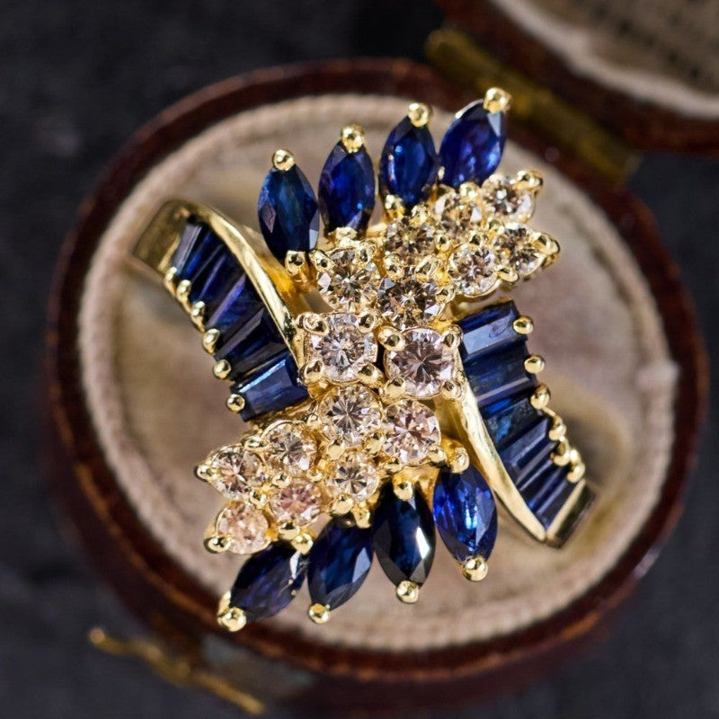 Blue Crystal Flower Statement Ring