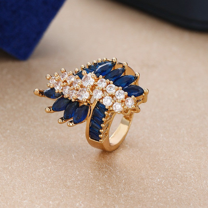 Blue Crystal Flower Statement Ring