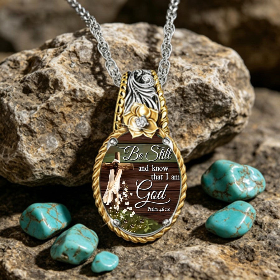 Be Still Scripture & Cross Oval Pendant Necklace