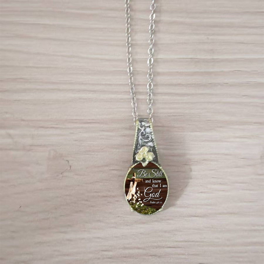 Be Still Scripture & Cross Oval Pendant Necklace