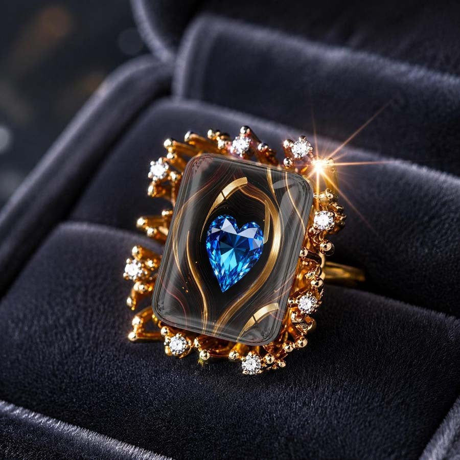 Blue Heart Glass Square Ring