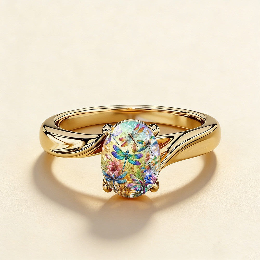 Rainbow Dragonfly Oval Ring