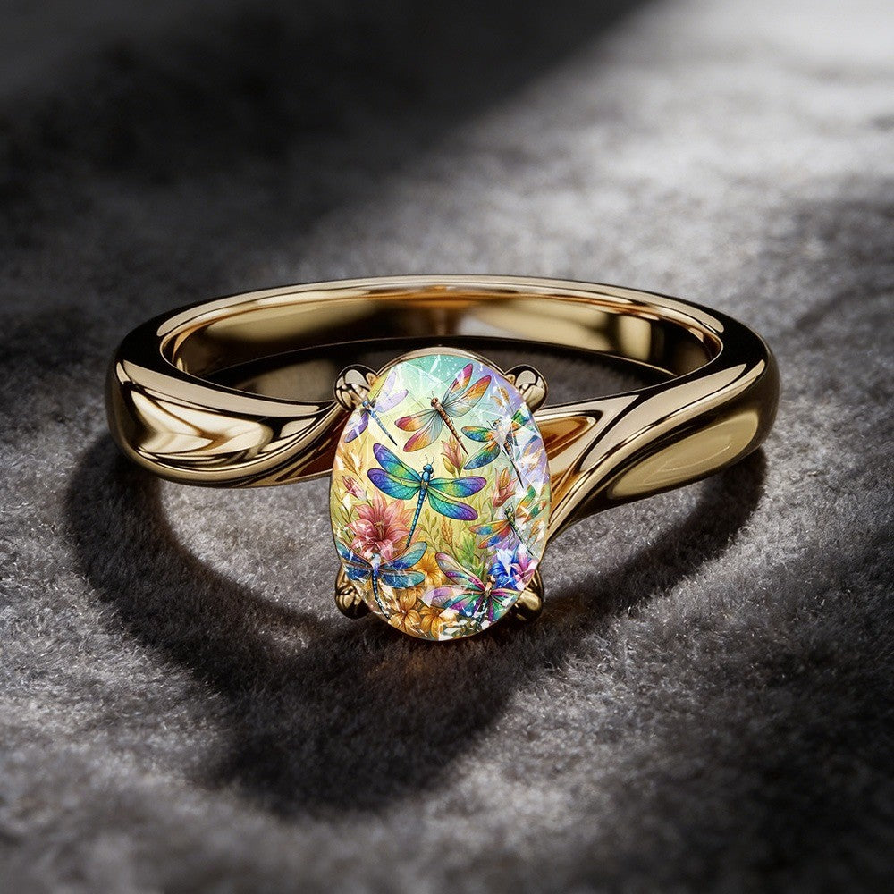 Rainbow Dragonfly Oval Ring