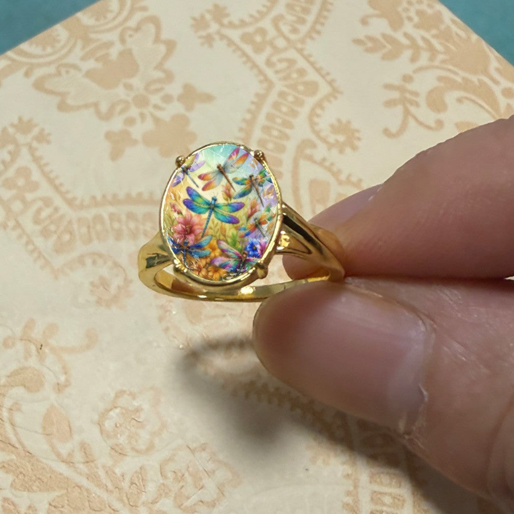 Rainbow Dragonfly Oval Ring