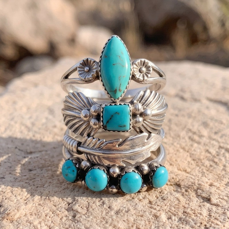Turquoise Marquise & Feather Ring Set