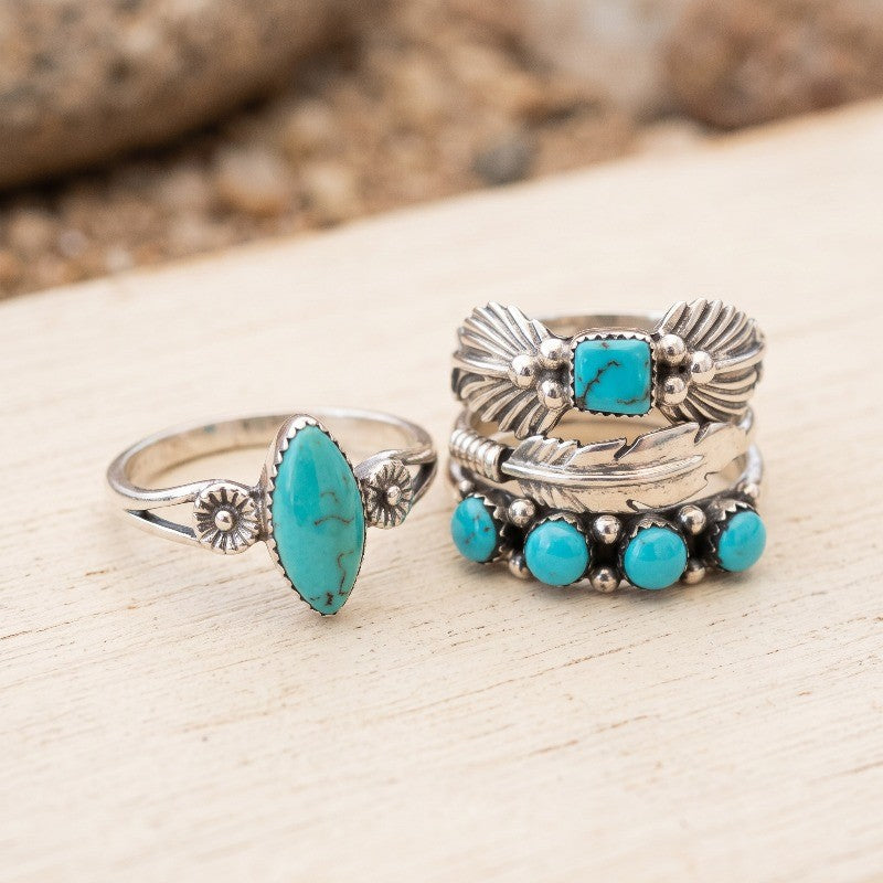Turquoise Marquise & Feather Ring Set