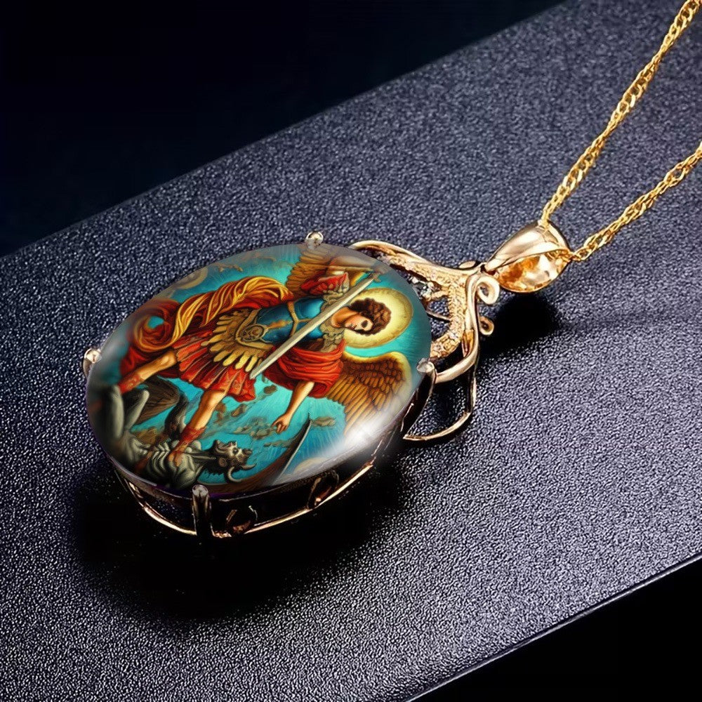Archangel Battle Glass Oval Pendant Necklace