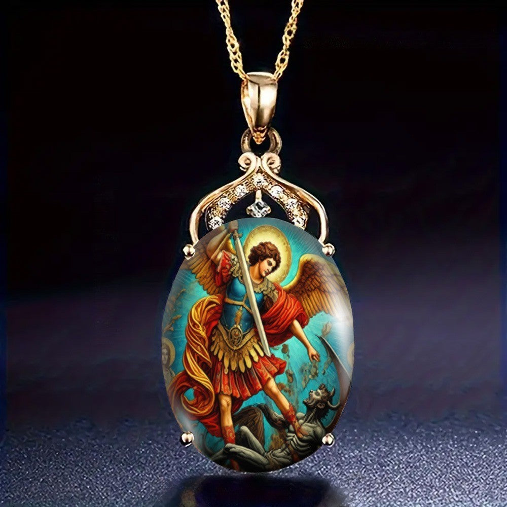 Archangel Battle Glass Oval Pendant Necklace