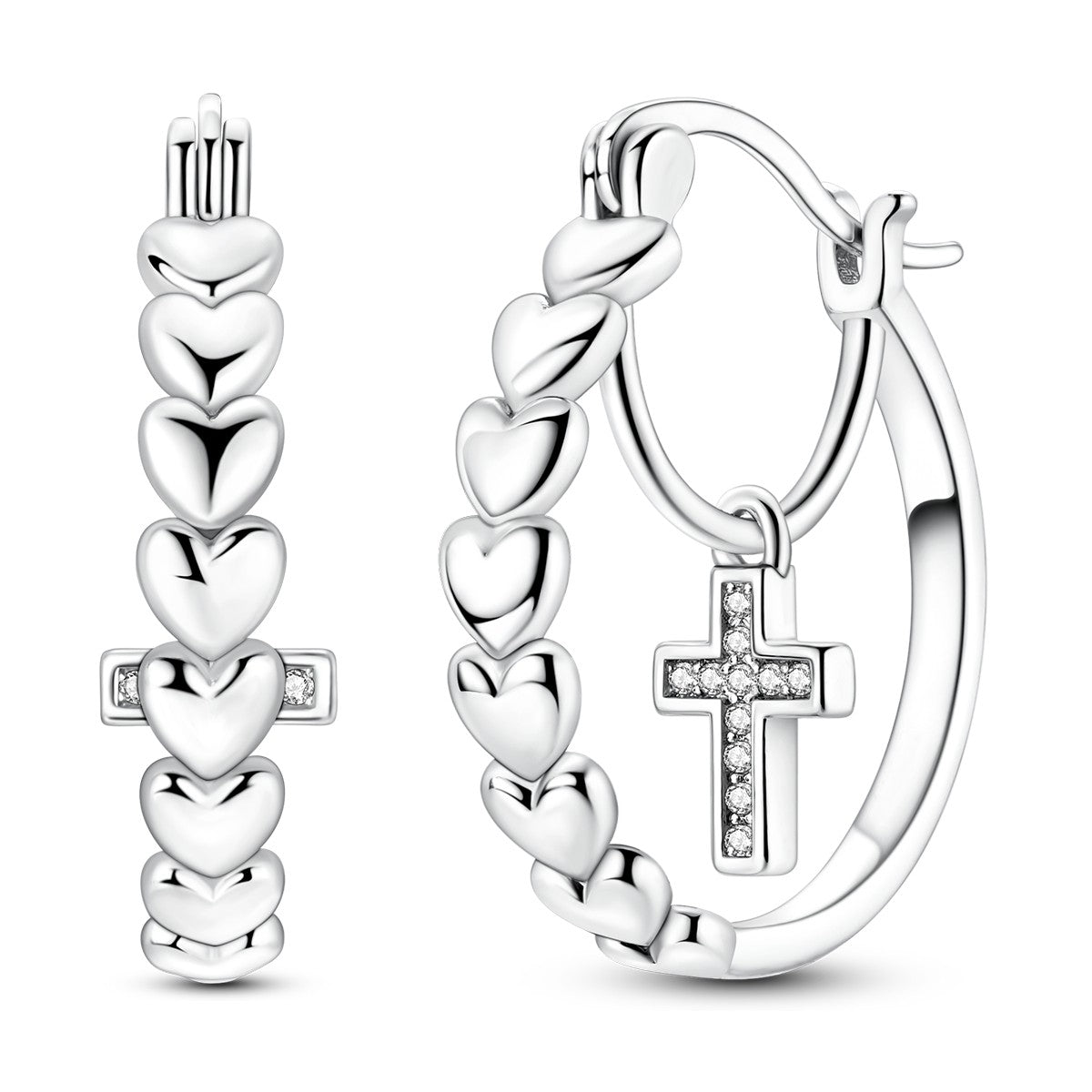 Pave Cross Heart Hoop Earrings