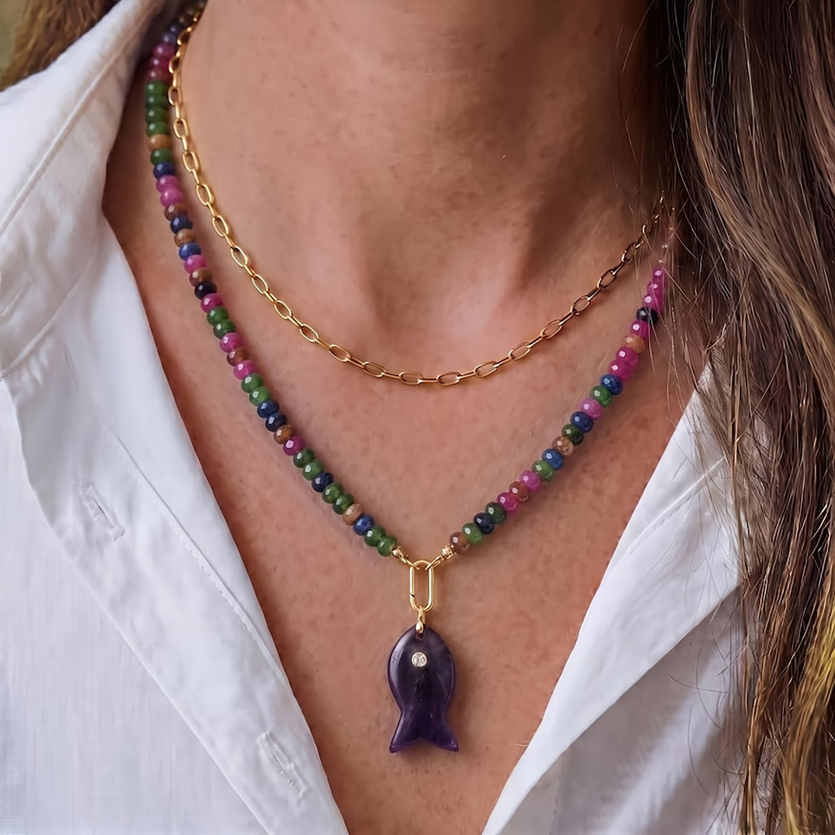 Colorful Bead Fish Pendant Necklace