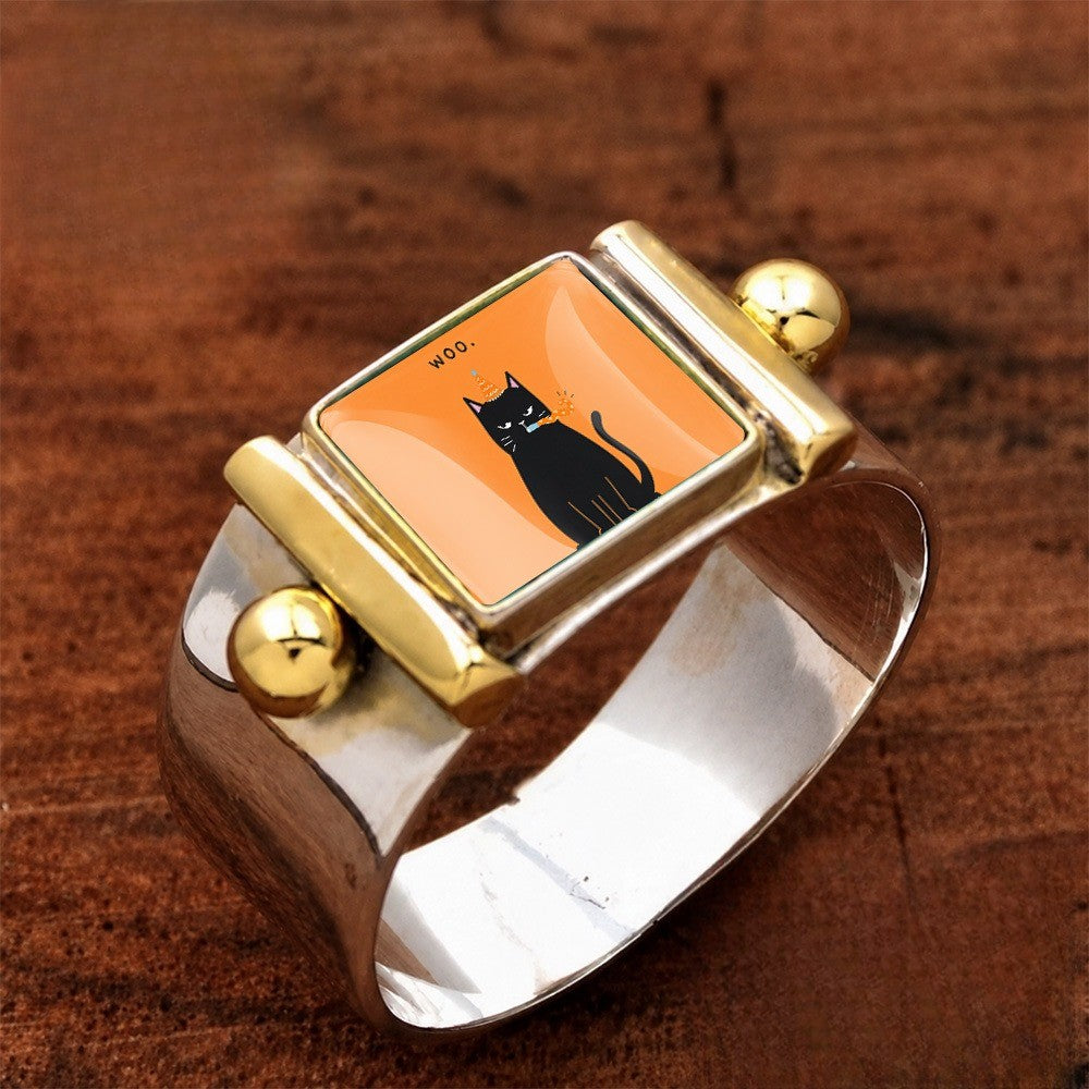 Black Cat Square Cuff Ring