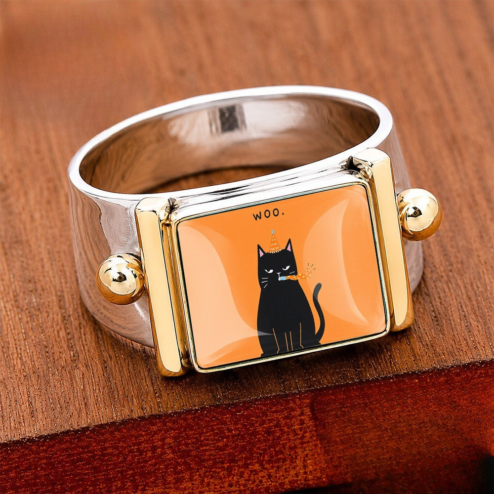 Black Cat Square Cuff Ring