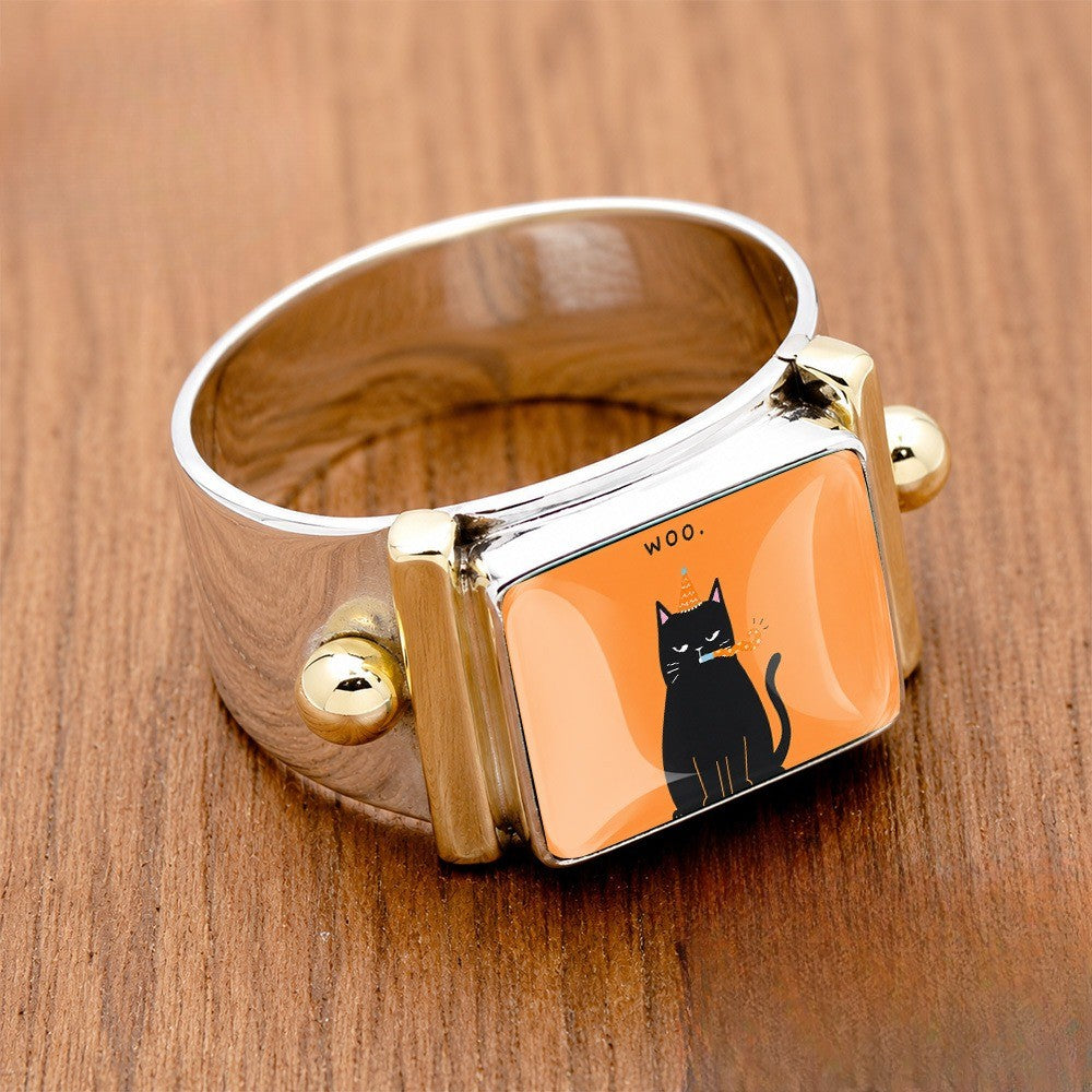 Black Cat Square Cuff Ring