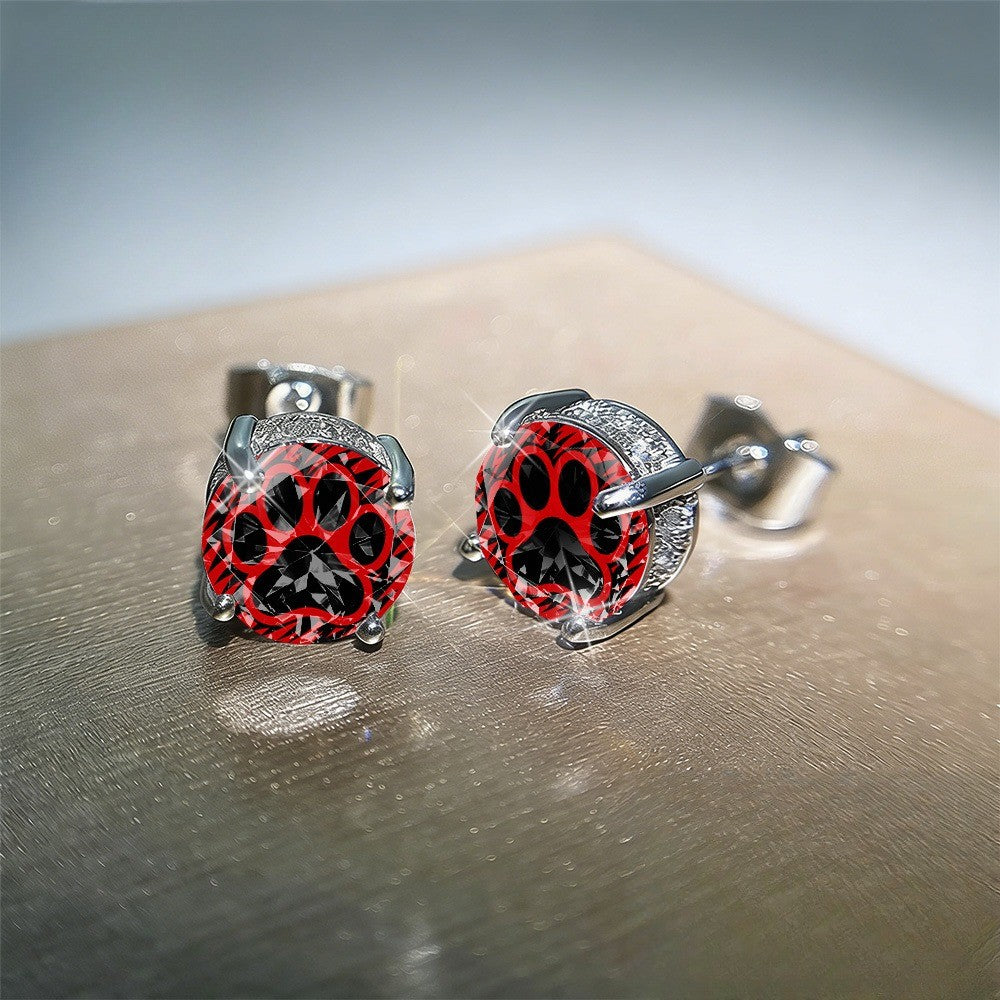 Red Crystal Paw Stud Earrings
