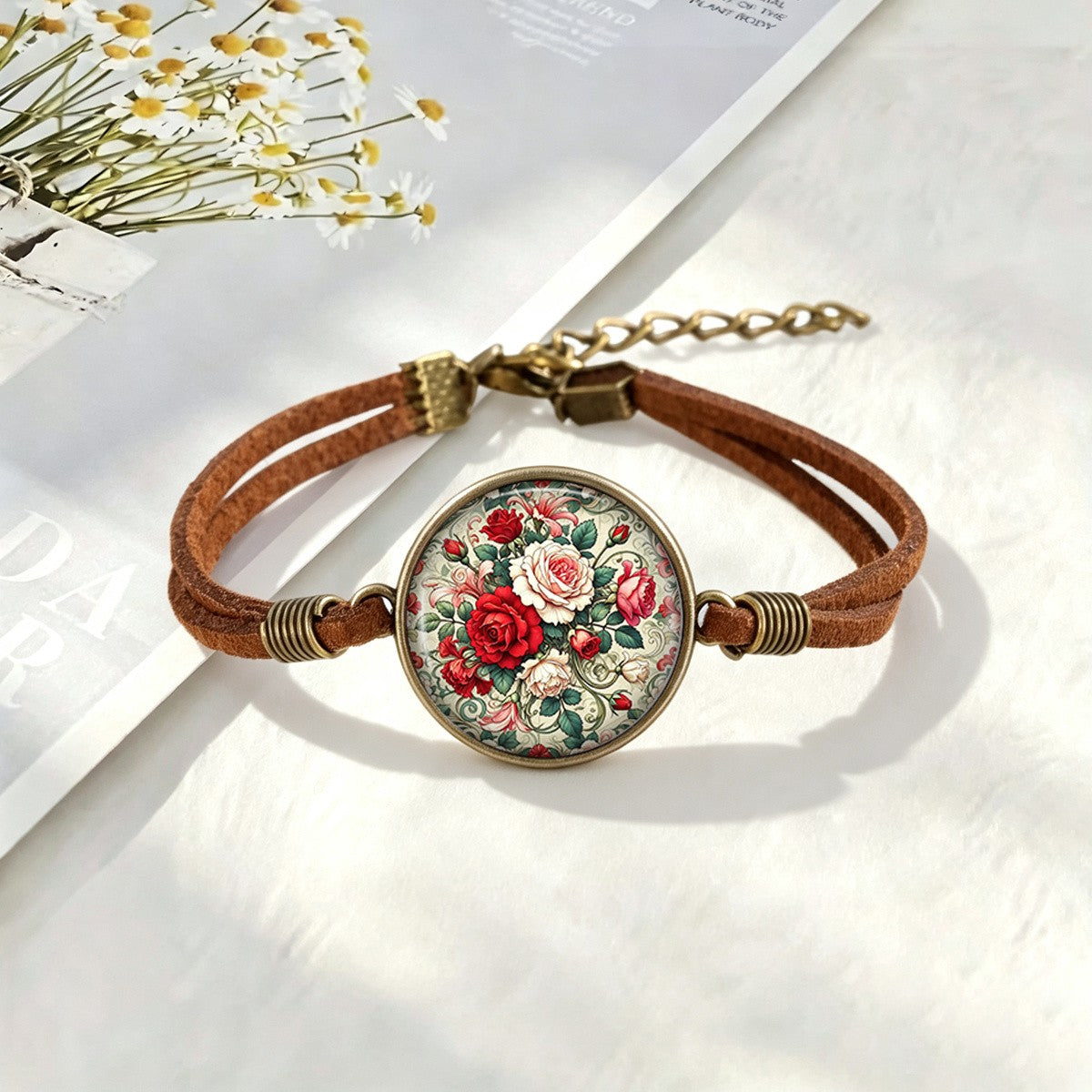 Red Rose Garden Glass Cabochon Bracelet