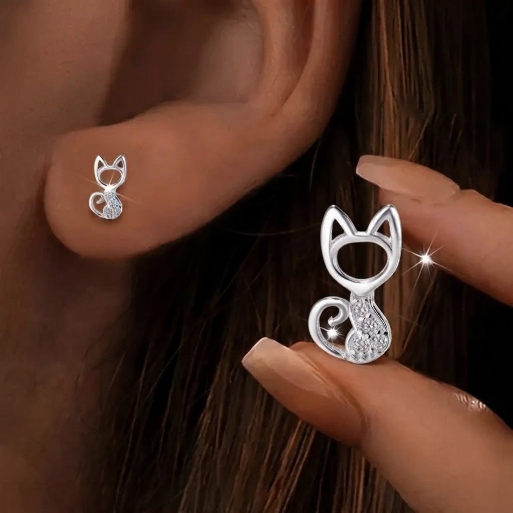 Crystal Cat Silhouette Stud Earrings