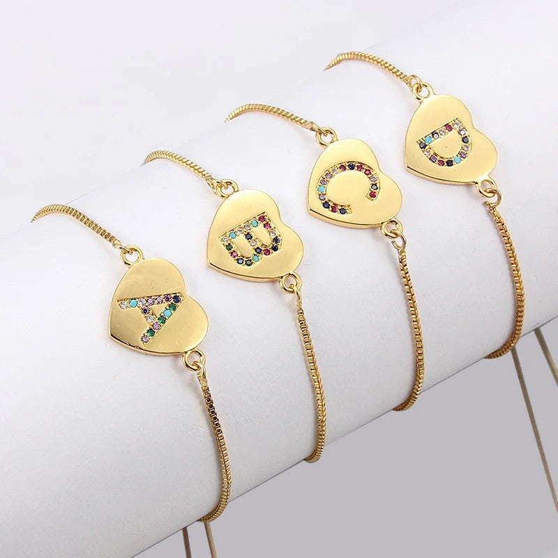 Multicolor Initial Heart Snake Chain Bracelet