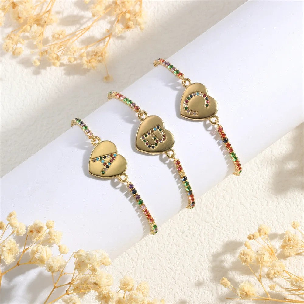 Multicolor Initial Heart Snake Chain Bracelet