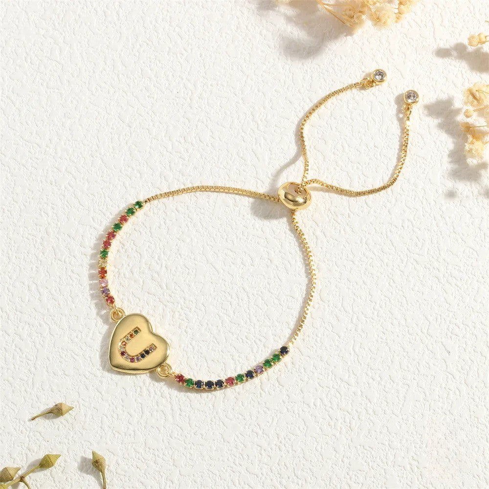 Multicolor Initial Heart Snake Chain Bracelet