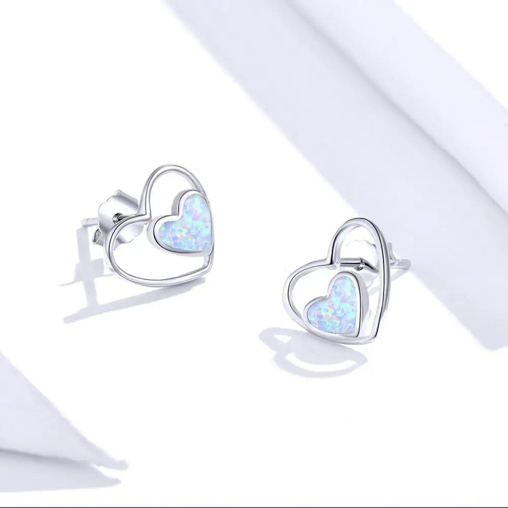 Double Heart Opal Stud Earrings