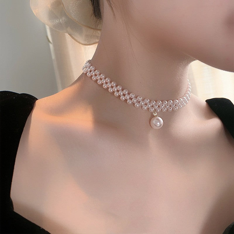 Woven Pearl Drop Choker Necklace