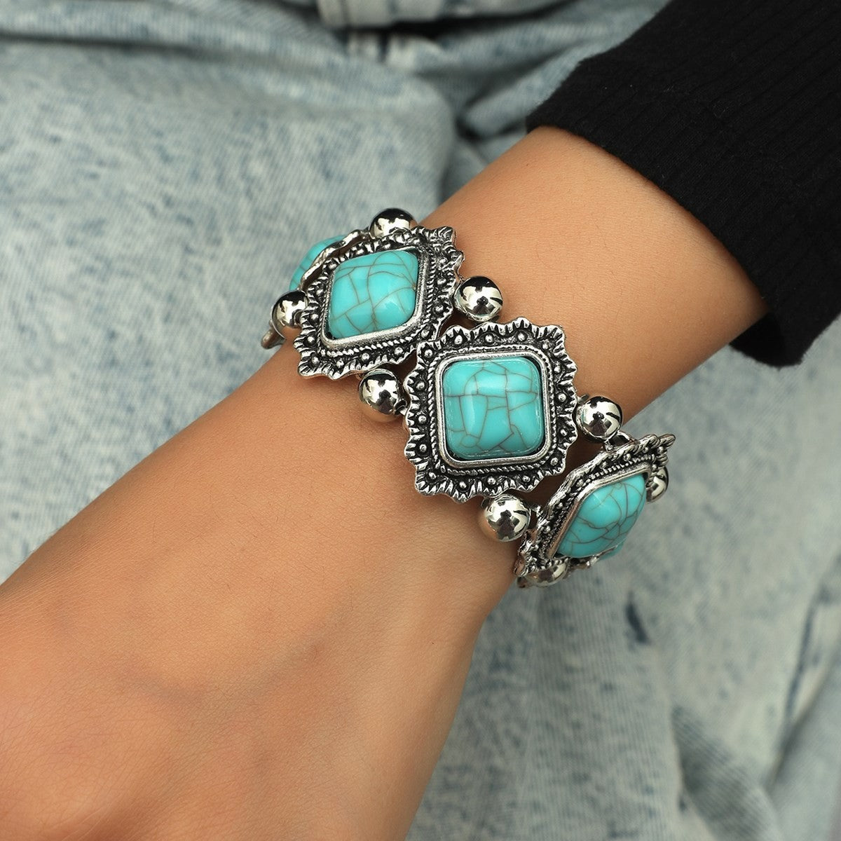 Ornate Square Stone Link Bracelet
