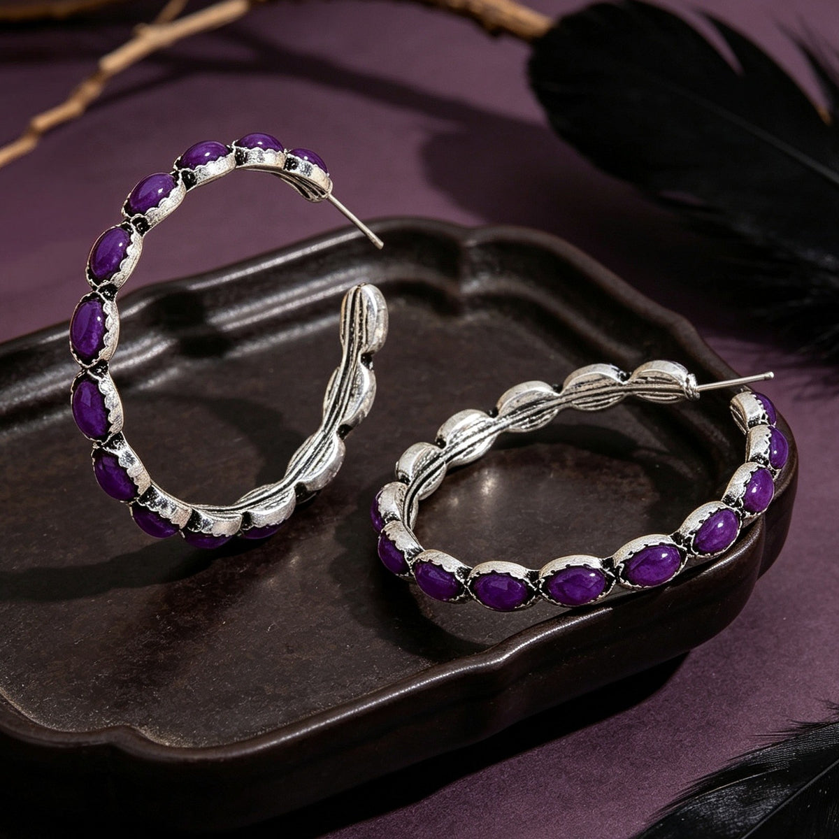 Stone Inlay Hoop Earrings