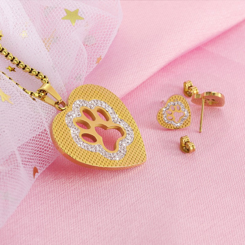 Textured Paw Heart Necklace Set