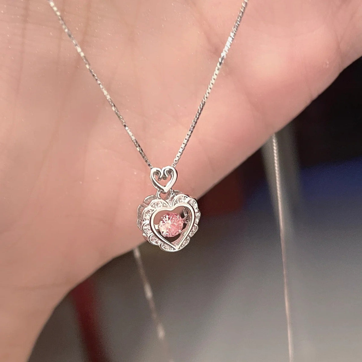 Pink Crystal Floating Heart Necklace