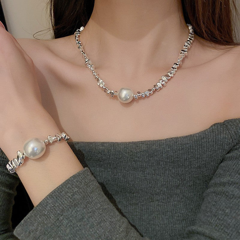 Pearl & Fragmented Link Necklace & Bracelet Set
