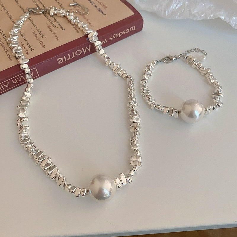 Pearl & Fragmented Link Necklace & Bracelet Set
