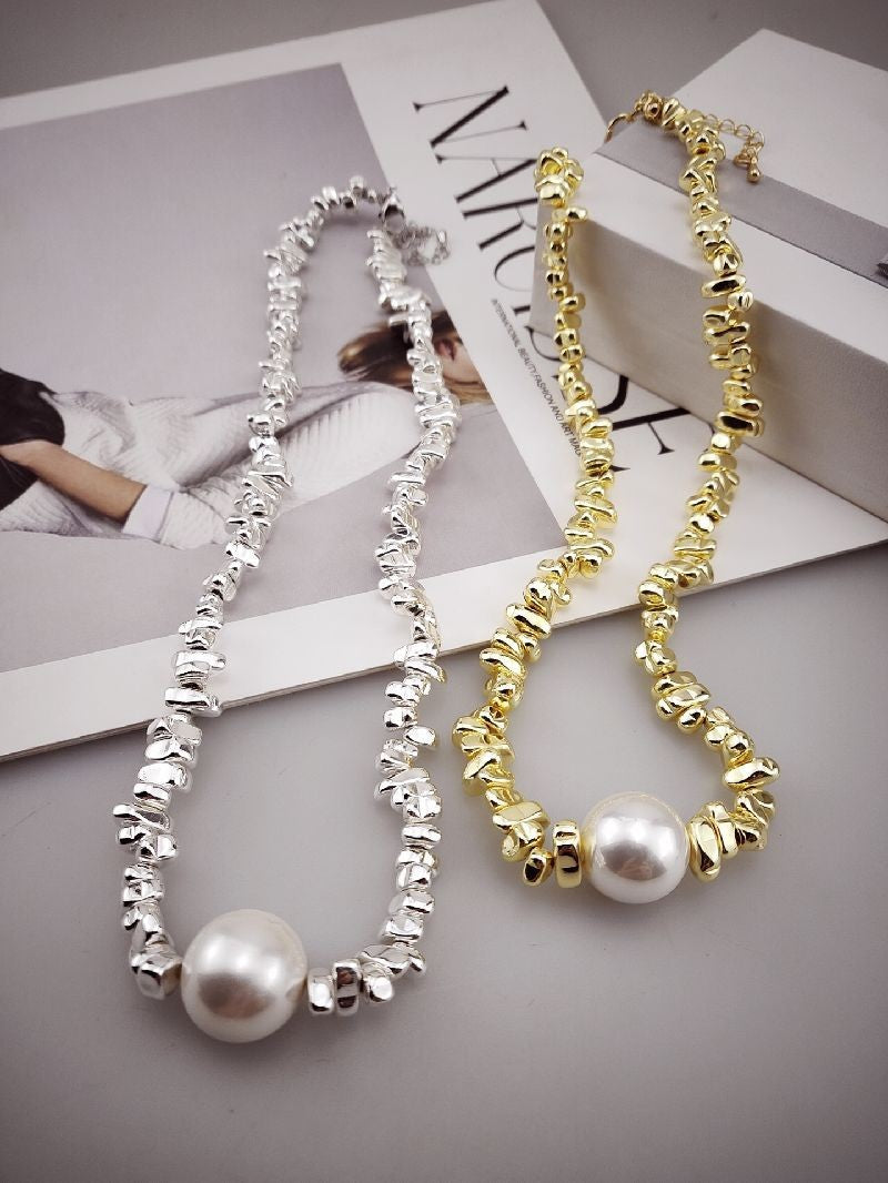 Pearl & Fragmented Link Necklace & Bracelet Set