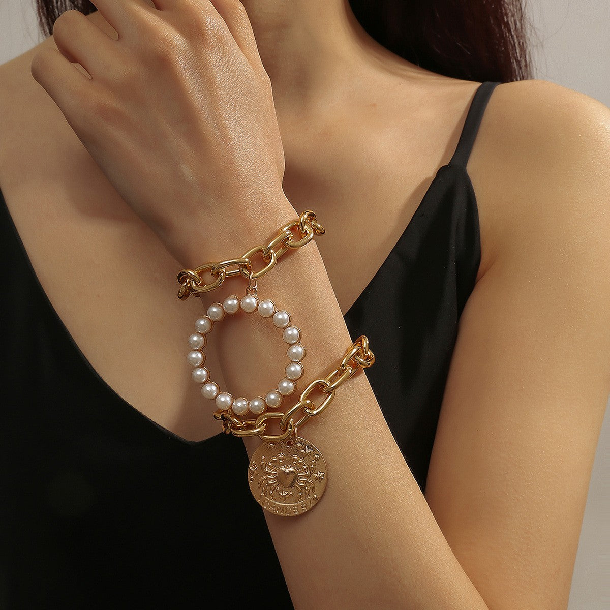 Pearl Circle & Coin Charm Bracelet Set